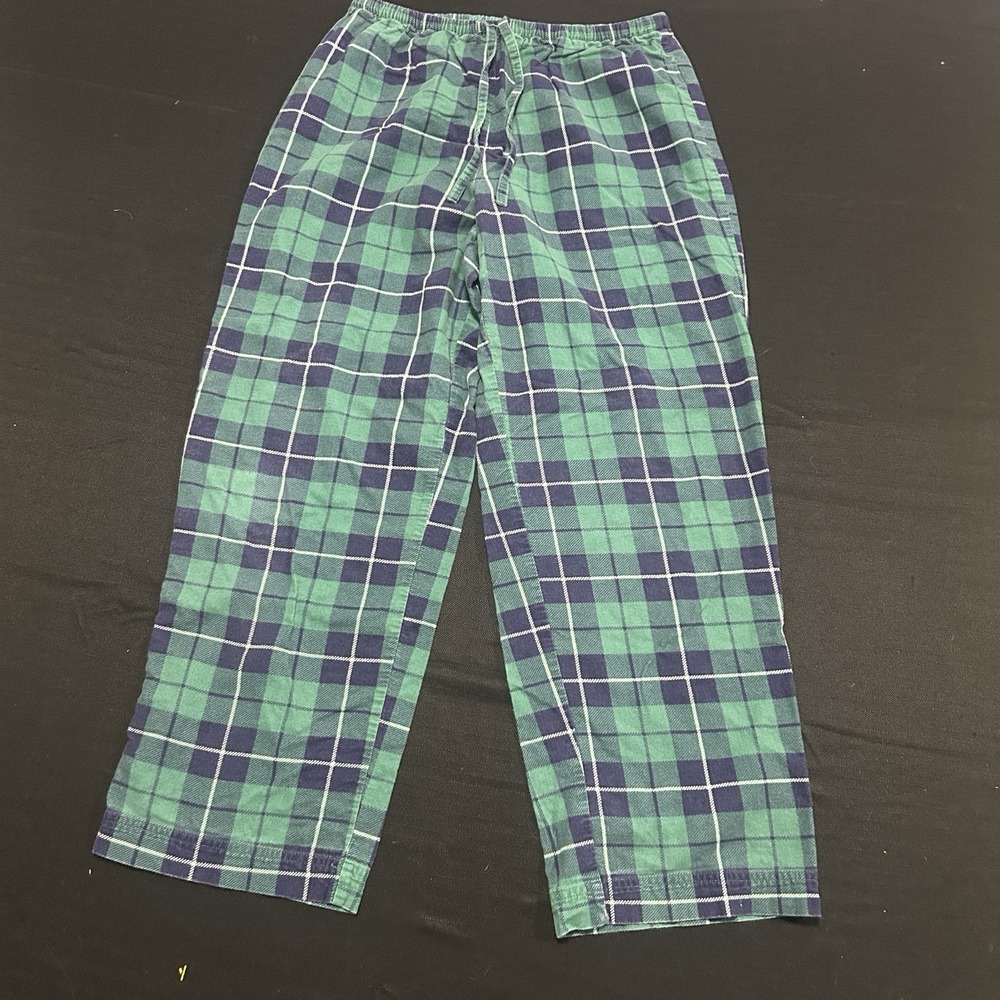 LL Bean Plaid Flannel Pajama Pants Womens Small Baggy Green Blue